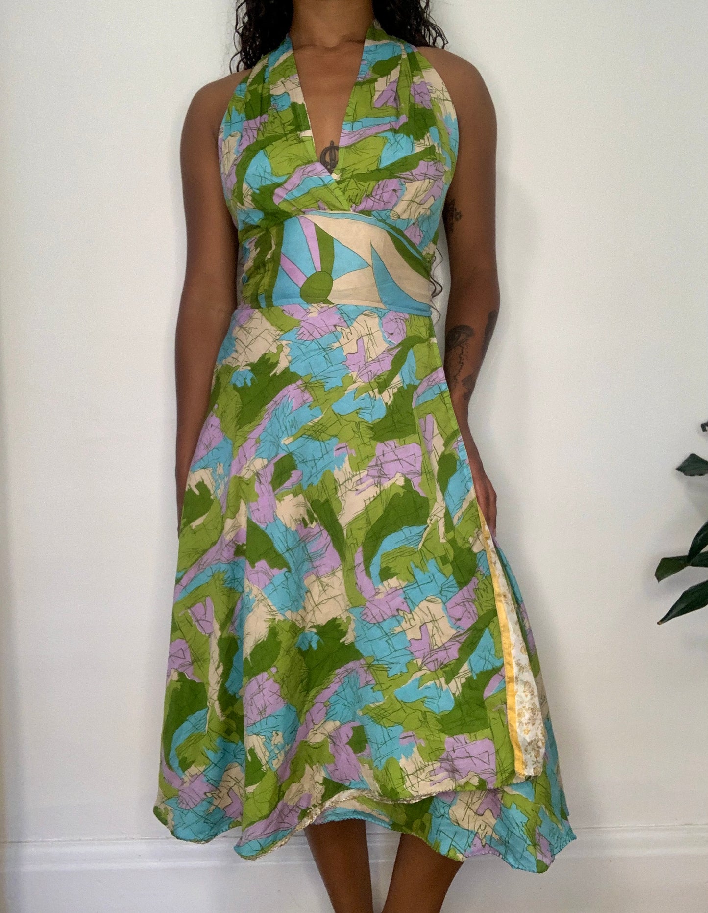 Reversible Silk Halter Wrap Dress Yellow/Green