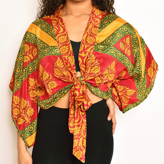 Upcycled Silk Front Tie Top Kimono Sleeve Red Green Yellow