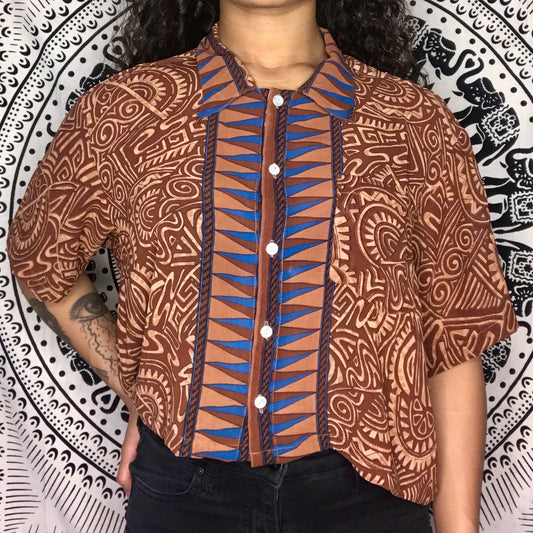Upcycled Silk Cropped Botton Up Shirt Brown Blue