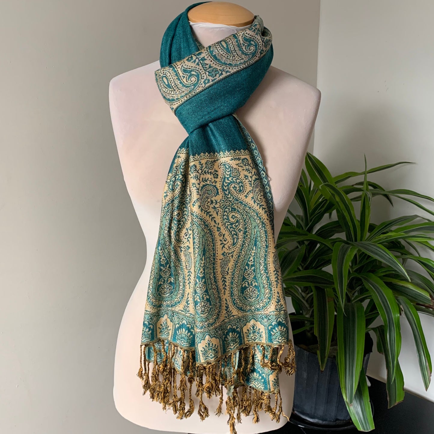 Teal and Beige Reversible Scarf