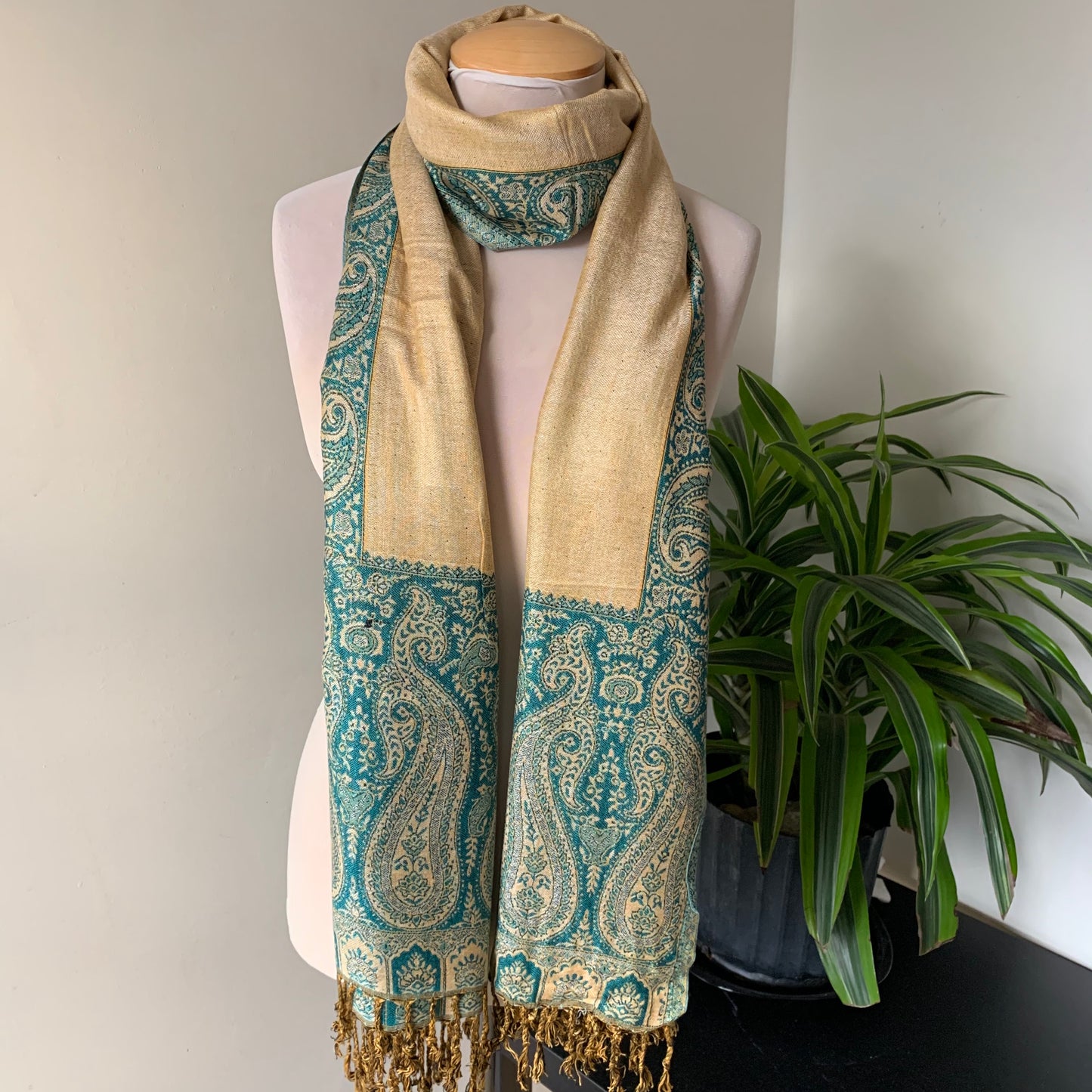 Teal and Beige Reversible Scarf